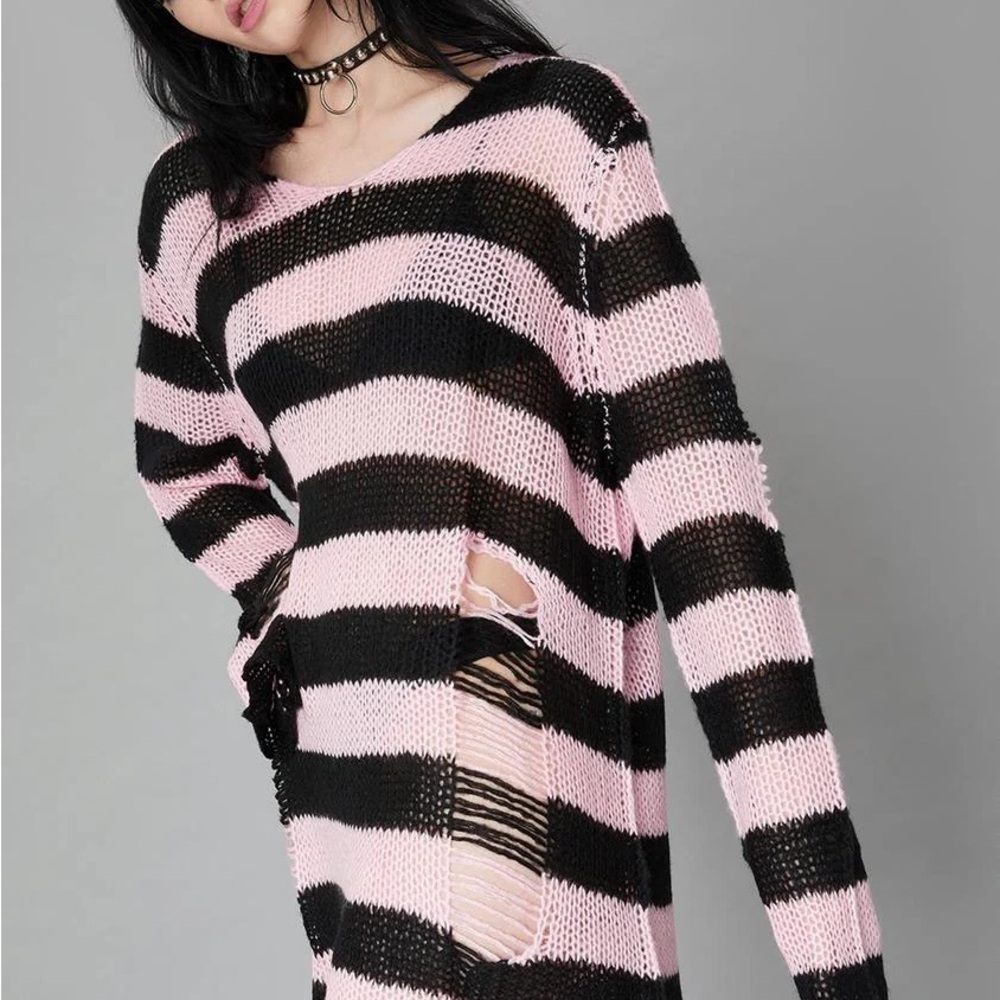 Pink and Black Striped Knit Sweater ROSE ETERNAL NIGHTMARE DISTRESSED SWEATER